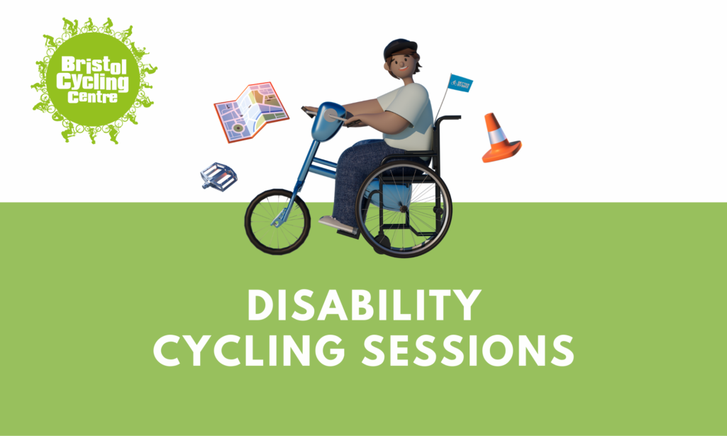 Illustration of disabled cyclist having fun on adapted bike