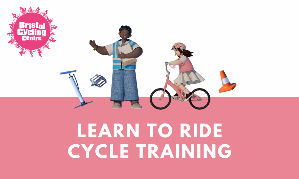 Illustration of cycle instructor teaching child to ride a bike