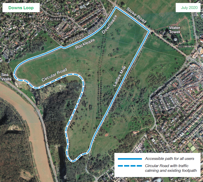 Map of the proposed cycle and walk route on Downs in Bristol