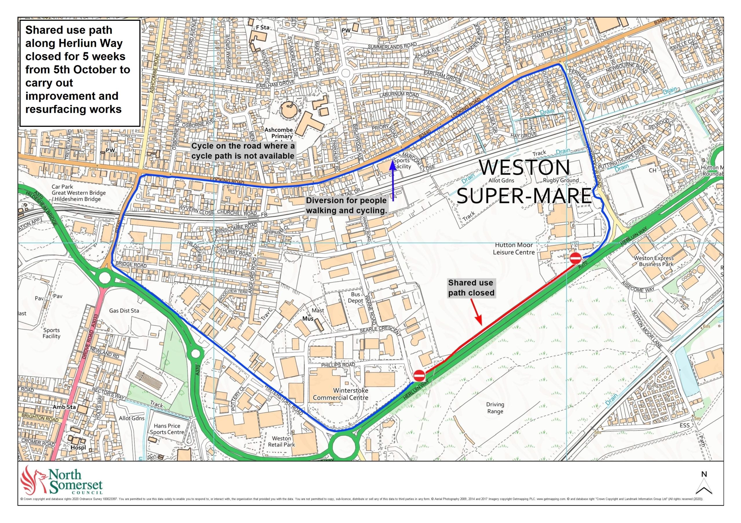 Map showing the diversion along Herliun Way in Weston super Mare