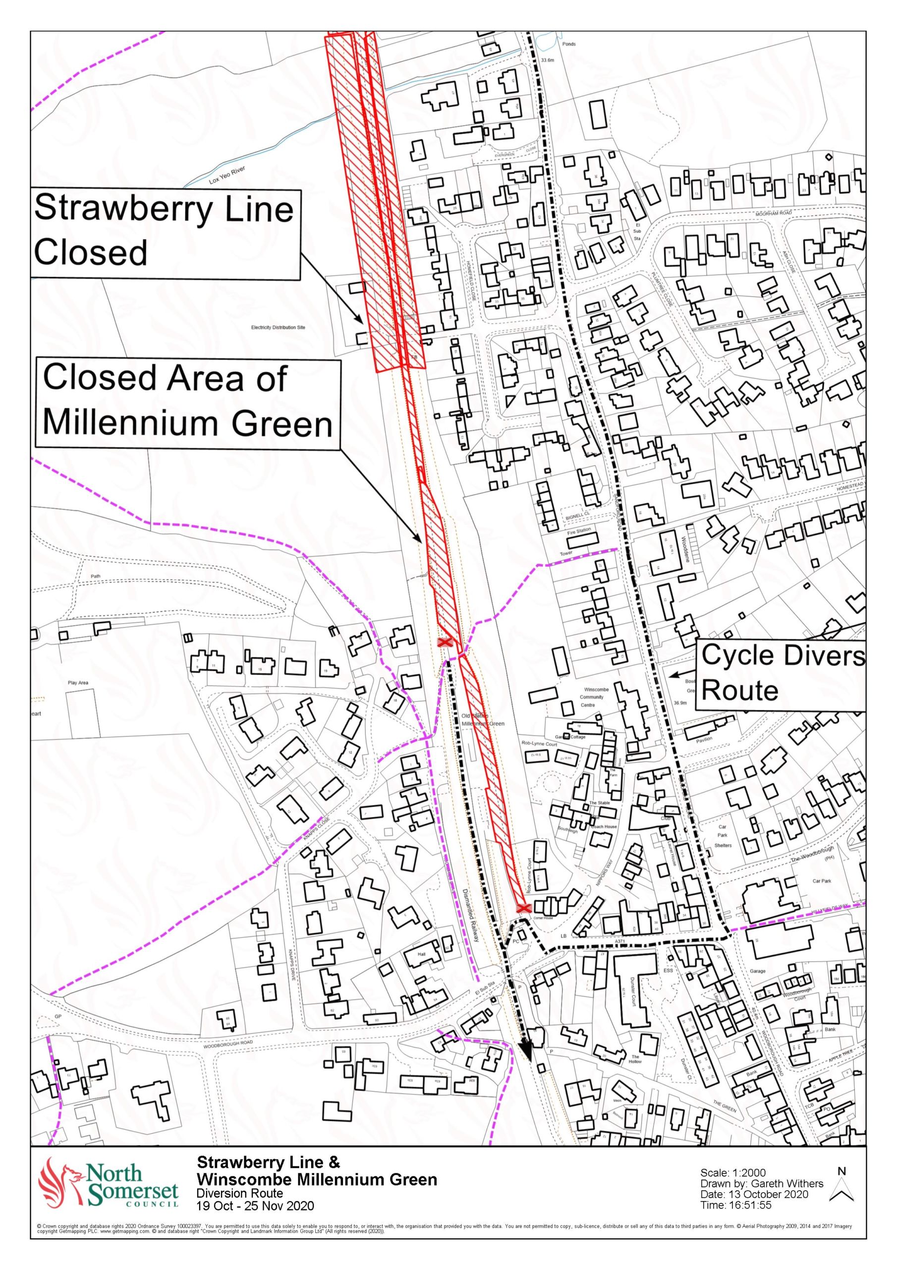 Map showing Strawberry Line walking and cycling closures around Millennium Green