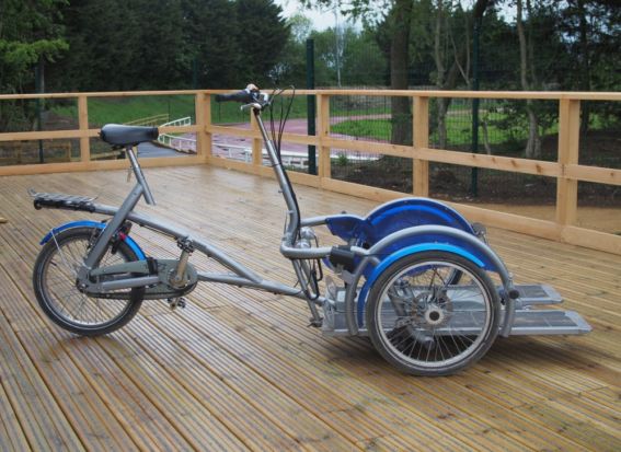 A silver adult size platform cycle on a wooden platform
