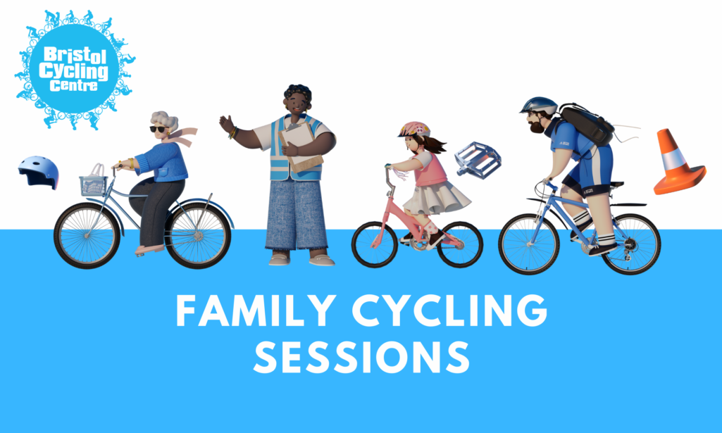 Illustration of family cycling together