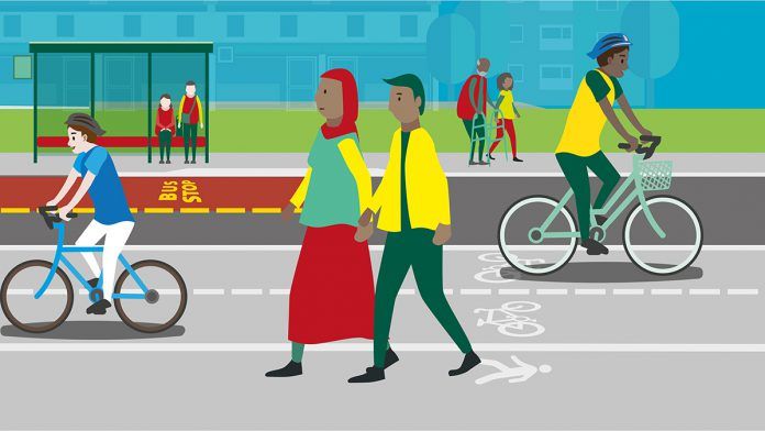 Illustration of people walking and cycling