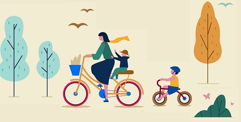 Illustration of family cycling together