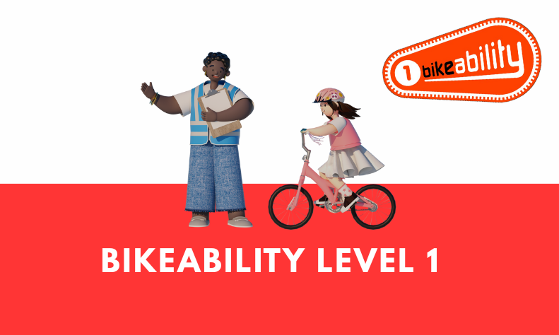 Illustrations of a young girl learning to ride a bike with an instructor