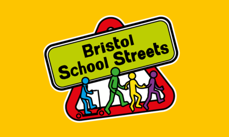 Bristol School Streets logo showing scooting, and walking to school